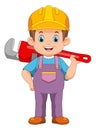 Friendly plumber wearing dressed in work clothes and carrying a tool