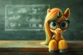 A friendly pony wearing glasses sits near a blackboard, eager to share knowledge Royalty Free Stock Photo