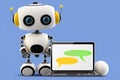 Friendly positive cartoon squirrelly robot with a laptop. Chatbot welcomes. Chatbot customer service, assistant, online consultant
