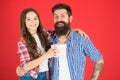 Friendly relations. Father hipster and his daughter. Gift surprise. Happy fathers day. Man bearded father and cute Royalty Free Stock Photo