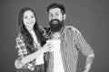Friendly relations. Father hipster and his daughter. Gift surprise. Happy fathers day. Man bearded father and cute Royalty Free Stock Photo
