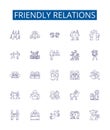 Friendly relations line icons signs set. Design collection of Amicable, Cordial, Chummy, Affable, Convivial, Favorable