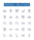 Friendly relations line icons signs set. Design collection of Amicable, Cordial, Chummy, Affable, Convivial, Favorable