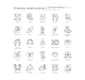 Friendly relationship pixel perfect linear icons set. Friendship, interpersonal emotional bond customizable thin line