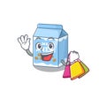 A friendly rich almond milk waving and holding Shopping bag