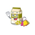 A friendly rich pistachio milk waving and holding Shopping bag