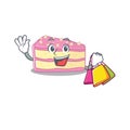 A friendly rich strawberry slice cake waving and holding Shopping bag