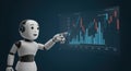Friendly robot analyzing data on interactive digital chart display