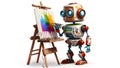 friendly robot artist in the studio next to his easel, painting and paints while working on white background, neural