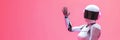 friendly robot assistant waves hello, danger, mobile chatbot, computer security on the Internet, horizontal banner, poster, pink