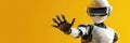 friendly robot assistant waves hello, mobile chatbot, computer security on the Internet, horizontal banner, poster, bright yellow