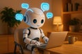 Friendly robot with blue chat bubbles using a laptop at a desk artificial intelligence chatbot Royalty Free Stock Photo