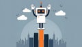 Friendly robot celebrating success on top of city skyline with data points Royalty Free Stock Photo