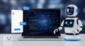 Friendly robot character interacting with a laptop displaying coding interface, showcasing artificial intelligence technology and Royalty Free Stock Photo
