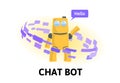 Friendly robot in the circle of text messages. Chatbot and social media. Flat vector illustration. Isolated on white
