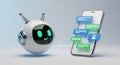 Friendly robot communicating with a smartphone displaying chat bubbles Royalty Free Stock Photo