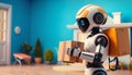 Friendly robot delivering a package, cheerful mood, modern home environment, copy space