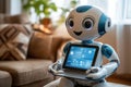 A friendly robot holding a tablet, designed for interaction and assistance in a cozy setting Royalty Free Stock Photo