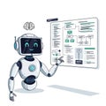 Friendly robot interacting with a complex digital display showing flowchart or diagram Royalty Free Stock Photo