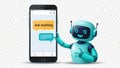 Friendly robot interacting with smartphone displaying chat interface Royalty Free Stock Photo