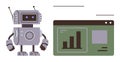 Friendly robot next to green data dashboard with bar graph representing technology and analytics Royalty Free Stock Photo