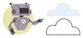 Friendly robot pointing at cloud shapes representing digital technology and artificial intelligence Royalty Free Stock Photo