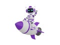 A friendly robot riding a purple and white rocket Royalty Free Stock Photo