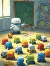 Colorful Robots in a Classroom Learning From a Cheerful Teacher During a Bright Afternoon Session Royalty Free Stock Photo