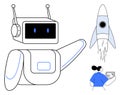Friendly robot waving, rocket launching, and woman analyzing data on a tablet screen Royalty Free Stock Photo