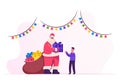 Friendly Santa Claus in Red Costume with Big Sack of Presents Visiting Little Boy at Christmas Night for Giving Gift