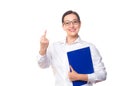 Friendly smiling caucasian business woman in formal shirt and glasses shows middle finger, isolated on white. Tough