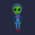 Friendly smiling green alien with big eyes wearing blue space suit, alien positive character cartoon Illustration Royalty Free Stock Photo