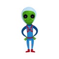 Friendly smiling green alien with big eyes wearing blue space suit, alien positive character cartoon vector Illustration Royalty Free Stock Photo