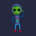 Friendly smiling green alien with big eyes wearing blue space suit waving his hand, alien positive character cartoon Illust Royalty Free Stock Photo