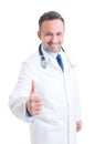 Friendly smiling medic or doctor showing like isolated on white