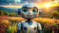 A Friendly Smiling Robot Chatbot Solves Problems in a Colorful Futuristic Landscape AIGenerated Art Royalty Free Stock Photo