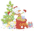 Funny snowman with a bag of gifts Royalty Free Stock Photo