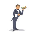 A friendly smiling waiter in a restaurant is a cheerful person cartoon character holding a serving tray, standing