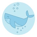 Friendly smiling whale. Flat style, white round frame. Simple sh
