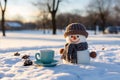 A friendly snowman holding a steaming cup of tea.