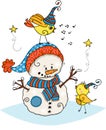 Friendly snowman with two cute yellow birds Royalty Free Stock Photo