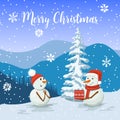 Friendly Snowmen in a santa hat. Smiling Frosty with a gift box. Snowwoman. View of of Winter landscape Royalty Free Stock Photo