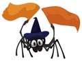 Friendly Spider with Witch Hat and Waving Fabrics, Vector Illustration