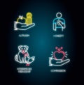 Friendly support neon light icons set. Signs with outer glowing effect. Interpersonal relationship. Altruism, honesty