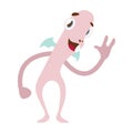Friendly tall skinny pink monster waving