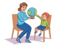 Friendly teacher demonstrating globe to children