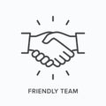 Friendly team flat line icon. Vector outline illustration of hand shake. Black thin linear pictogram for corporate Royalty Free Stock Photo
