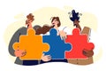 Friendly team of people holding colorful puzzles with smile, assembled thanks to coworking