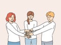 Friendly team people holding hands demonstrate cohesion and unity, wanting to achieve goals together