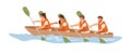 Friendly team rowing in boat together. Concept of effective collaboration and organized teamwork. Good relationship